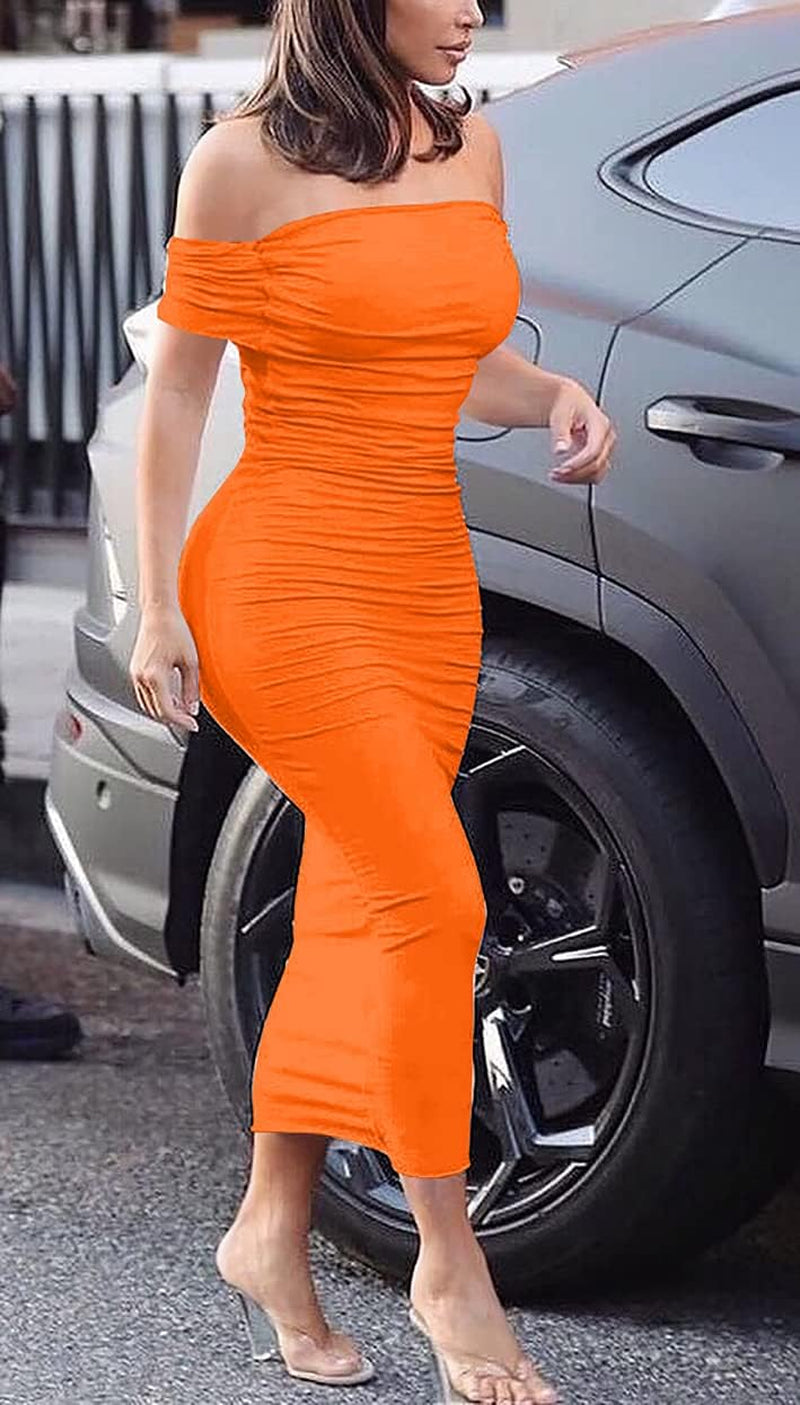 GOBLES Women'S Ruched off Shoulder Short Sleeve Bodycon Midi Elegant Cocktail Party Dress