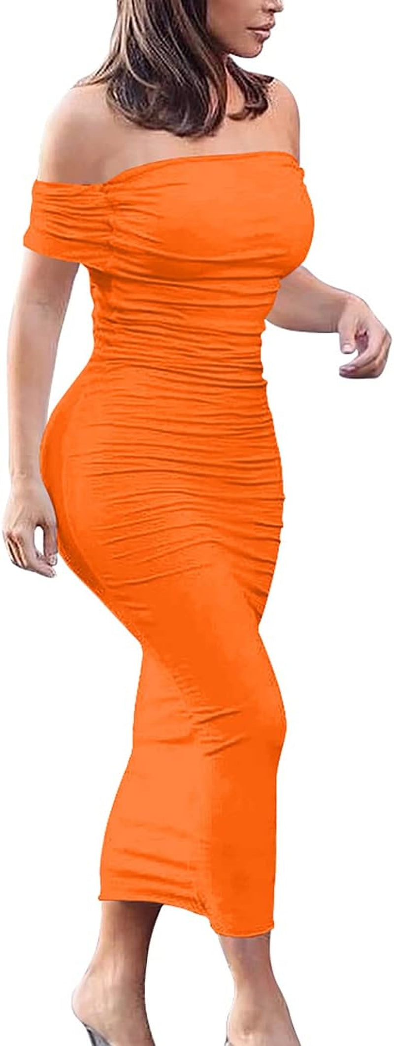 GOBLES Women'S Ruched off Shoulder Short Sleeve Bodycon Midi Elegant Cocktail Party Dress