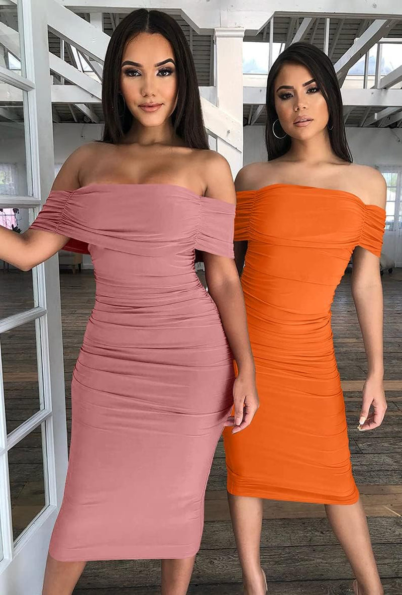 GOBLES Women'S Ruched off Shoulder Short Sleeve Bodycon Midi Elegant Cocktail Party Dress