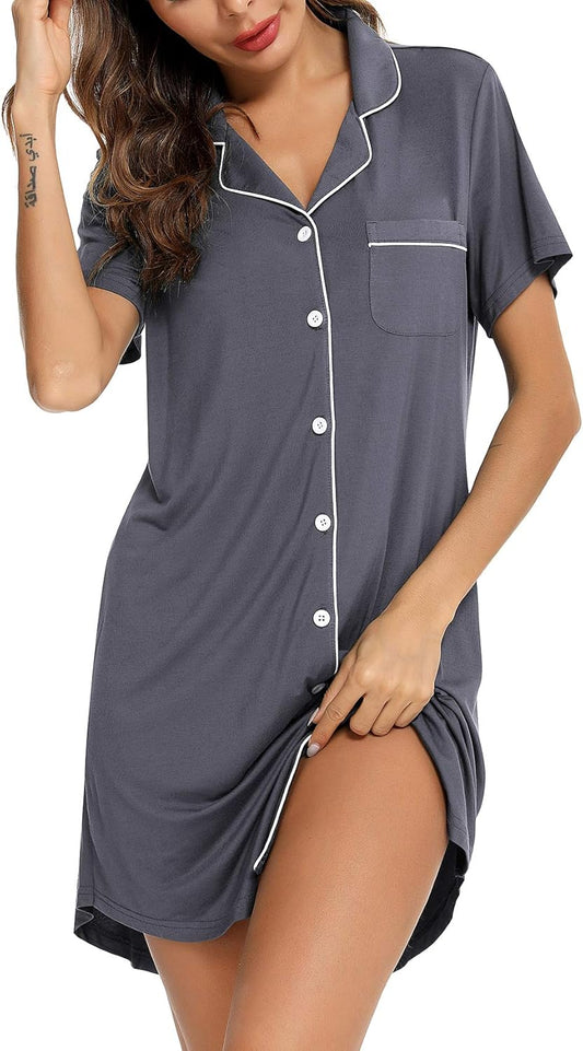 Pajama Nightgown for Women Short/Long Sleeve Button down Nightwear Top Boyfriend Sleep Shirts Nightdress S-XXL