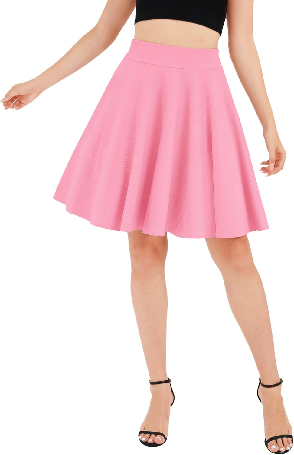 Urban Coco Women'S Basic Midi Skirt Versatile Stretchy Flared Casual High Waisted Skirt(X-Large, Pink-Long)